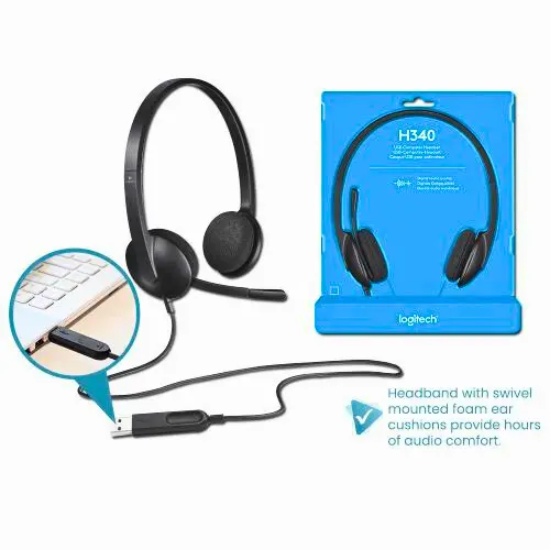 Logitech H340 USB PC Headset with Noise-Cancelling Mic in Black