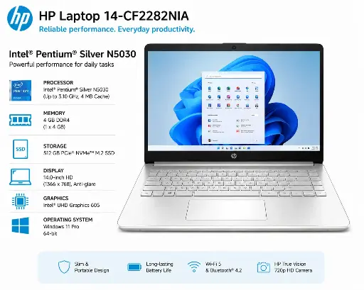 HP LAPTOP 14-CF2282NIA INTEL PENTIUM SILVER N5030 512GB SSD 4GB RAM