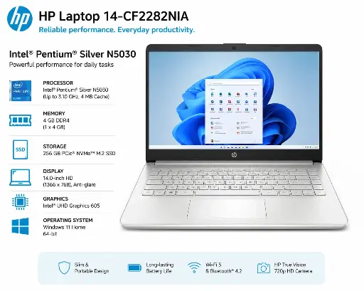 HP LAPTOP 14-CF2282NIA INTEL PENTIUM SILVER N5030 256GB SSD 4GB RAM 